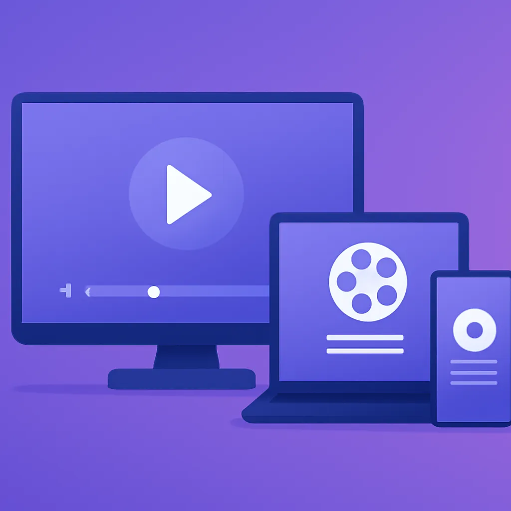 Televisão, notebook e smartphone exibindo filmes, representando assistir em vários aparelhos