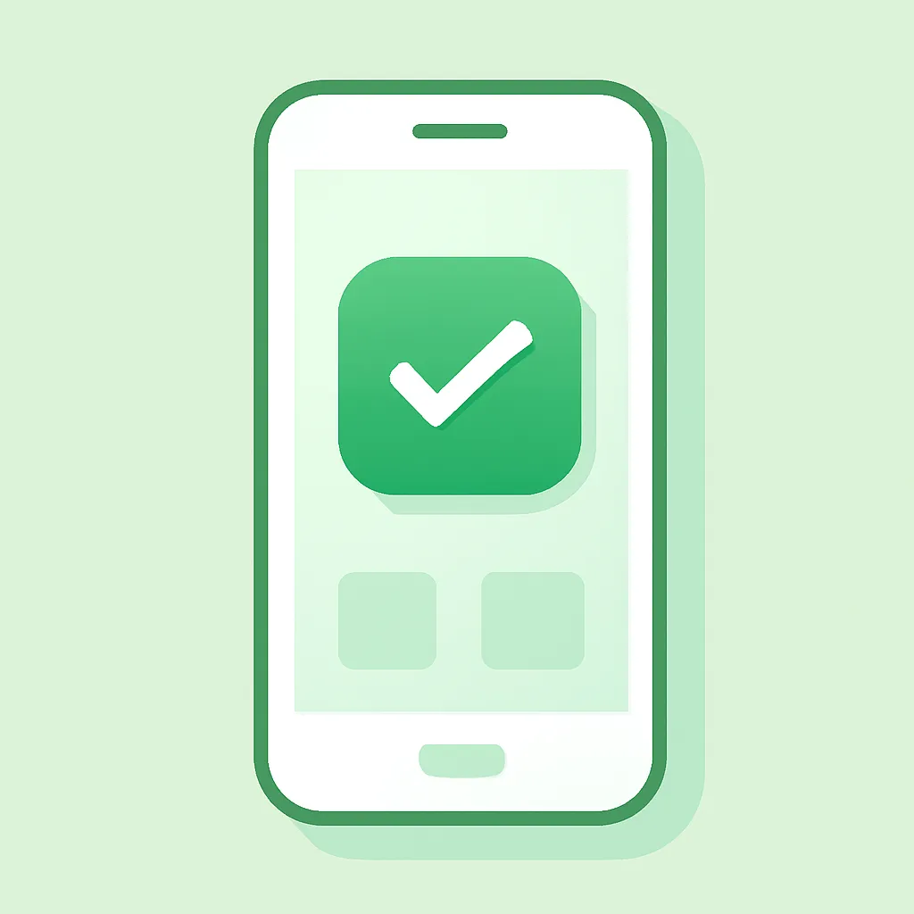 Smartphone com o ícone da loja de aplicativos de volta na tela inicial e um sinal de confirmação verde